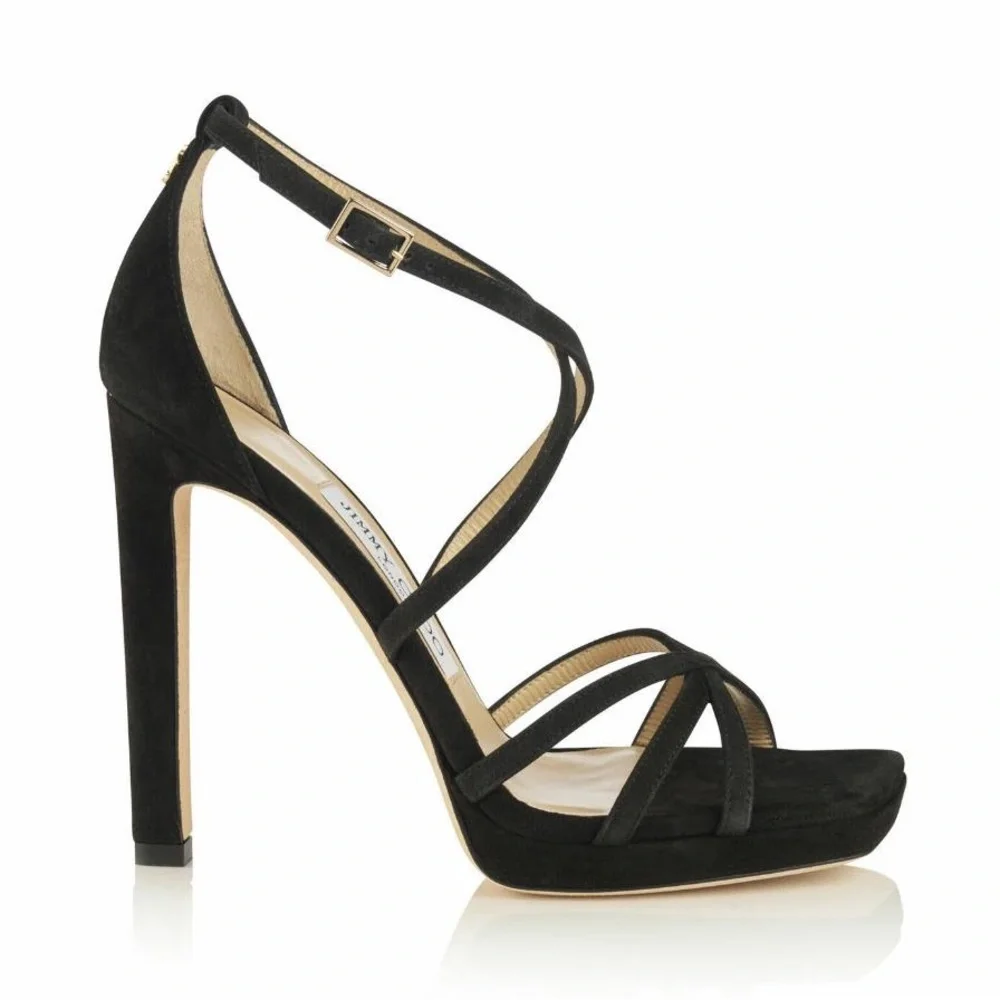 Jimmy Choo Black Suede Strappy Platform Heels - Picture 1 of 6